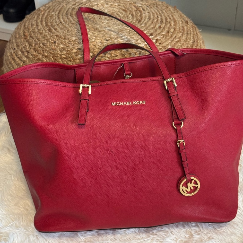 Michael Kors Cherry Red Tote with Gold Accents
